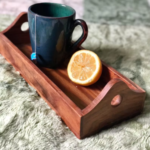 Nouveau Plateau de Service en Bois Écologique, Forme Personnalisée, Finition Huilée, avec Poignée Indienne Fantaisie, Couleur Marron - Product Image 1