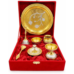 Ensemble de thali de prière traditionnel en laiton fait main pour la maison, avec cloche et cuillère, idéal pour les occasions de mariage - Product Image 6