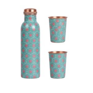 Boho Style Vintage Paisley Pattern Printed Pure Copper Water <b>Bottle</b> with Matching Cups Manufacturer For Gifting - Product Image 6