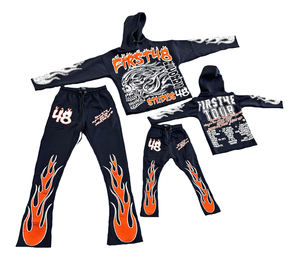 Ensemble de survêtement à capuche First48, manches longues, imprimé flamme, streetwear unisexe pour adultes, vêtements décontractés d'automne, 100% coton, fermeture à cordon - Product Image 1