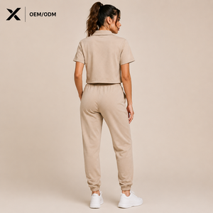 XSC Two-Piece Women's Athleisure Set: Tan Short-Sleeve Polo <b>Crop</b> <b>Top</b> & Matching High-Waist Joggers for Versatile Casual Styling - Product Image 2
