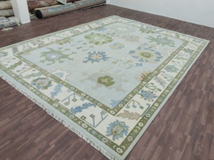 Tapis en laine noué à la main, tapis de style floral transitoire avec bordure verte, style nœuds persans, tapis pastel pour salon - Product Image 2