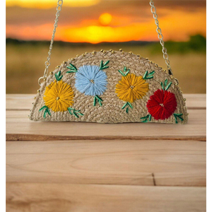 Sac à main demi-lune en jute fait main pour femme, motif floral brodé, écologique, sac à bandoulière décontracté, meilleur prix - Product Image 1