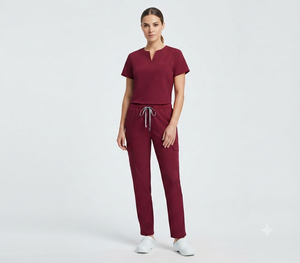 Ensemble de blouses médicales pour femmes, haut à col en V, pantalon cargo, uniforme médical, tenue de travail pour infirmières, multi-poches, vente en gros personnalisée, rouge vin - Product Image 5