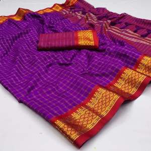 ATTRACTIVE COTTON SILK BROAD CONTRAST JACQUARD WORK BORDER <b>SAREE</b> WITH UNSTITCHED BLOUSE <b>PURPLE</b> - Product Image 1