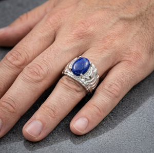 Anillo de Plata de Ley 925 con Lapislázuli Natural de Forma Ovalada de 8x10 mm, Anillo Geométrico con Engaste de Puntas para Hombre, Uso Diario Unisex - Product Image 4