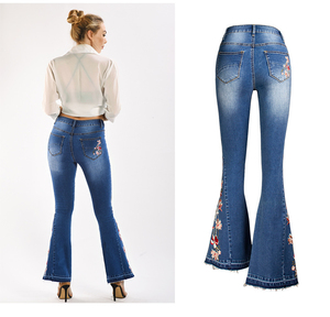 Pantalones Vaqueros de Mujer de Alta Calidad, Estilo Retro, Cintura Alta, Elásticos, Rotos, con Bordado Floral y Corte Acampanado - Product Image 4