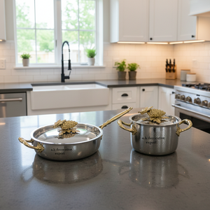 Food Grade Hammered Metal Casserole Pot <b>Pan</b> Set Ornate Gold Handle <b>Stainless</b> <b>Steel</b> Induction Cookware Eco-Friendly Europe Design - Product Image 1