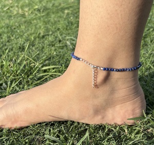 Chaîne de cheville en pierre précieuse Lapis Lazuli naturel, argent sterling 925, réglable, perles, DIY, fournisseur en gros - Product Image 2