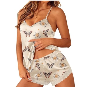 Conjunto de pijamas de satén para mujer, pantalones cortos sin mangas con cuello en V y estampado de mariposas, ropa de dormir de verano, estilo suave y sexy - Product Image 1