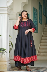 Women's Plus Size Rayon Angrakha Kurta Black SOLID <b>Sequin</b> Work Mandarin Collar Three Quarter Sleeves Comfortable Wear - Product Image 1