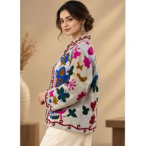 Blazer de Mujer Hecho a Mano y Cosido a Mano, Bordado Suzani Kantha Floral, 100% Algodón, Cuello Mandarín, Ecológico, Transpirable, para Invierno - Product Image 6