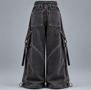 Men's Washed Wide Leg Cargo Pants Drawstring <b>Elastic</b> <b>Waist</b> Multi Pocket Streetwear <b>Trousers</b> - Product Image 3