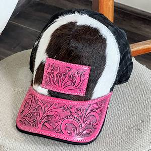 Casquette de camionneur pour femme rose en cuir repoussé à la main avec calotte en cuir de vachette, maille noire respirante, motif floral, réglable, pour l'extérieur, idéale pour l'été - Product Image 2
