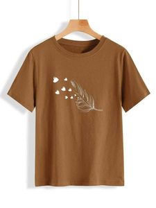 Trendy Women's <b>Black</b> Crew Neck Short Sleeve T-Shirt <b>Feather</b> Heart Print Casual Spring Summer 100% Cotton Breathable Regular Fit - Product Image 4