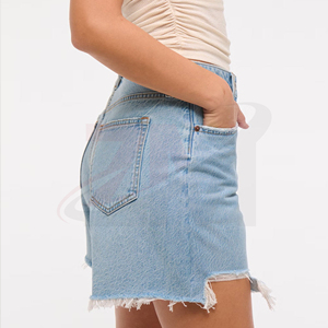 Shorts de Mezclilla de Cintura Alta con Efecto Desgastado, Dobladillo Asimétrico, Estilo Casual de Verano para Mujer, Corte Regular, Color Azul Claro, Algodón - Product Image 2