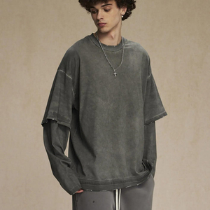 เสื้อยืดแขนสั้นผู้ชายทรงโอเวอร์ไซส์ สีพื้น คอกลม ผ้าคอตตอนเจอร์ซีย์ สไตล์ลำลอง สตรีทแฟชั่น แขนสองชั้น - Product Image 5
