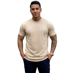 Camiseta de Manga Corta para Hombre, Cuello Redondo, Color Beige, Corte Ajustado, Color Sólido, Informal, de Algodón Tejido - Product Image 5