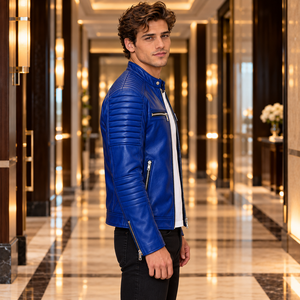 Veste en cuir véritable pour homme, style vintage, avec détails matelassés sur les manches, surface gaufrée, ourlet ceinturé, collection streetwear moderne - Product Image 3