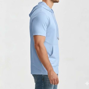 Men's Light Blue <b>Short</b> <b>Sleeve</b> <b>Hoodie</b> Solid Color Casual Pullover Sweatshirt with Pocket Regular Fit - Product Image 3