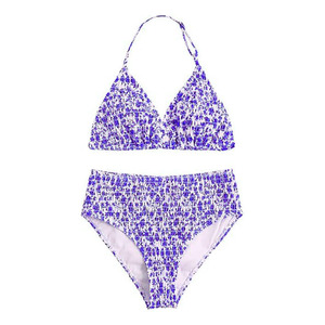 Conjunto de bikini halter estampado naranja y blanco para mujer, traje de baño de dos piezas de cintura alta, ropa de playa elástica fruncida, top triangular, bañador - Product Image 3