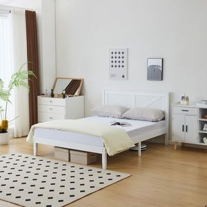 White Full-Size Solid Wood <b>Platform</b> <b>Bed</b> <b>Frame</b> with Headboard - Product Image 4