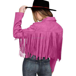 Hot Pink Vintage Suede Leather Fringe Tassel Crop Chaquetas de mujer Boho Western Cowboy Style Manga larga Transpirable Otoño Solapa - Product Image 3