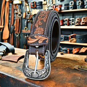 Ceinture en cuir véritable style western unisexe, imprimée par transfert thermique à motif floral, vintage, couleur tan, boucle ardillon, largeur 1-1,5 pouces - Product Image 2