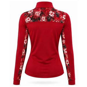 Haut de sport athlétique pour femme, rouge, à quart de zip, avec manches longues et motif floral sur les côtés, idéal pour la course et l'entraînement - Product Image 2