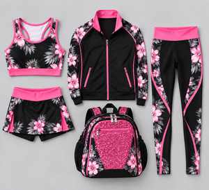 Ensemble de vêtements de sport à imprimé floral pour filles, veste de sport, soutien-gorge de sport, leggings, jupe, sac à dos, tenue de pratique de danse - Product Image 1