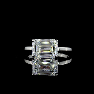 Custom 3ct Horizontal Emerald Cut Ring IGI Certified East-West Double Prong Slender Band Wedding Ring 18K White Gold - Product Image 1
