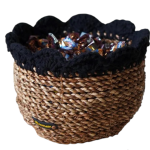 Handwoven Water Hyacinth Storage Basket: Cylindrical <b>Bowl</b> with <b>Knitted</b> Accent - Product Image 3