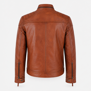 <b>Men</b> Custom PU Leather <b>Jacket</b> Brown Biker Style <b>Canvas</b> Stand Collar Plaid Pattern Quick Dry Breathable Autumn Zip up - Product Image 4