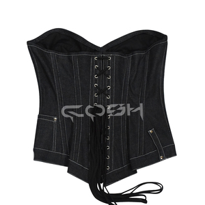 เสื้อครอปเดนิมสีดำสไตล์โกธิคสำหรับผู้หญิง แฟชั่นคอร์เซ็ทผ้ายีนส์พร้อมโครงรัดด้านหน้า |   ผู้จัดจำหน่ายเสื้อผ้าคุณภาพสูง - Product Image 6