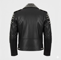 Blouson de moto en cuir noir imperméable pour homme, style punk, avec fermeture éclair cloutée, col rabattable et ceinture sur le devant