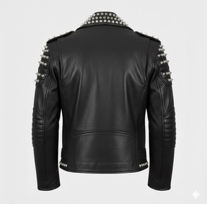 Blouson de moto en cuir noir pour homme, style punk, avec fermeture éclair cloutée, col rabattable et ceinture. - Product Image 2