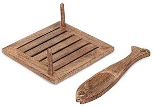 Porte-serviettes en bois à base carrée avec porte-cure-dents vertical en forme de poisson, accessoire de cuisine de table, taille moyenne - Product Image 2