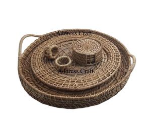 Posavasos de mimbre estilo otomano para mesa de centro, bandeja de mimbre de tejido rústico, ovalada, con asas, anillo para servilletas de mimbre - Product Image 1