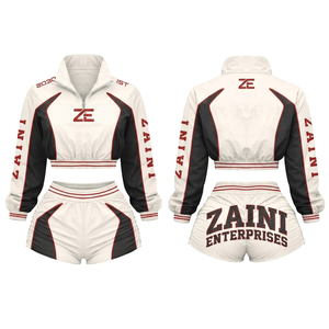 Women Hooded <b>Crop</b> <b>Top</b> Sports Wear Short Set 300g Premium Polyester Taslan White Black <b>Red</b> Contrast Panel Silk Screen Printing - Product Image 1