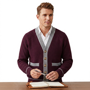 Men's <b>Navy</b> Knitted <b>Cardigan</b> Solid Color Full Sleeve Button Closure Autumn Wear - Product Image 4