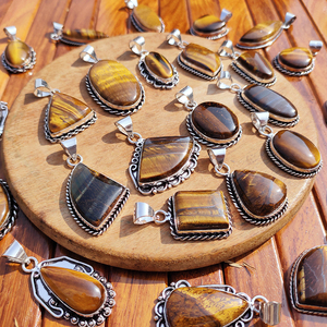 Collar de latón plateado con colgante de ojo de tigre natural, hecho a mano, con engaste de bisel de piedras preciosas, estilo bohemio, para mujer, boda, venta al por mayor - Product Image 3