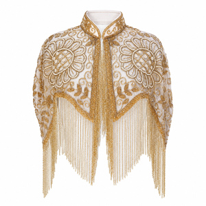 Capa de malla bordada de lujo para mujer con cuentas de perlas y flecos dorados, chal de noche nupcial de cuello alto a la moda - Product Image 3
