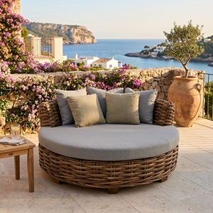 Sofá cama redondo de lujo de mimbre y ratán para exteriores, patio, jardín, tumbona con cojín gris y almohadas, conjuntos de muebles al por mayor - Product Image 2