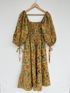 Green Floral 3/4th Sleeve Shirred Bodice Pure Cotton Maxi <b>Dress</b> Flowy Hem Comfy Fit <b>Boho</b> <b>Summer</b> Wear Women Garden Party Outfit - Product Image 5