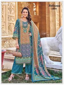 Dernière collection de salwar-kameez prêts-à-porter en satin avec imprimé numérique et manches cloche, bordure en dentelle fantaisie - Collection de mode féminine - Product Image 5