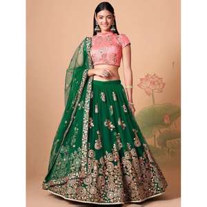 Abundant <b>Green</b> Mirror Work <b>Net</b> Reception Wear Lehenga Choli - Product Image 2