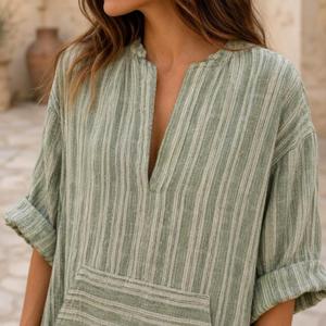 Robe maxi en lin et coton rayée à col en V, style bohème décontracté pour l'été, manches trois quarts avec poches, prix de gros - Product Image 5