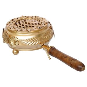 Brûleur d'encens artisanal en laiton avec poignée en bois, motif floral, encensoir en résine, brûleur de charbon de bois Bakhoor pour la maison et le temple - Product Image 1