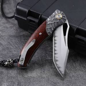 Cuchillo de Caza Plegable de Acero de Damasco con Hoja de Punta Clip, Mango de Madera, Perilla para el Pulgar, Uso en Exteriores, EDC, OEM, 7 Pulgadas, Garantía de 3 Años - Product Image 6