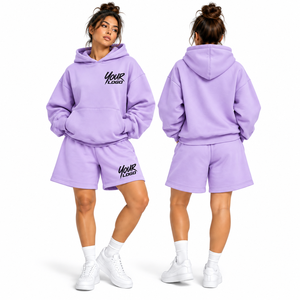 Nueva Llegada, Venta Especial: Conjunto de Sudadera Holgada con Capucha y Pantalones Cortos para Mujer, Estilo Casual, Felpa, 2 Piezas - Product Image 3